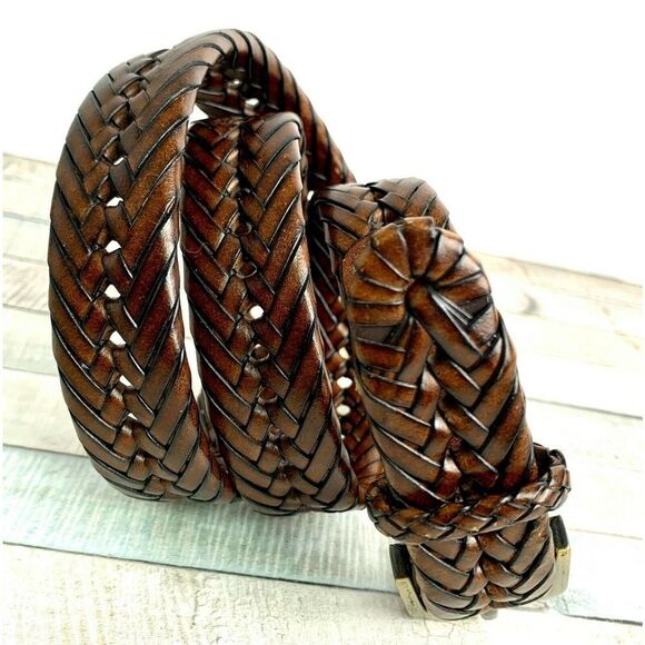 VINTAGE BRAIDED BROWN THICK BUCKLE GENUINE LEATHER CASUAL WOMEN`S BELT Sz L (50M - Picture 6 of 9